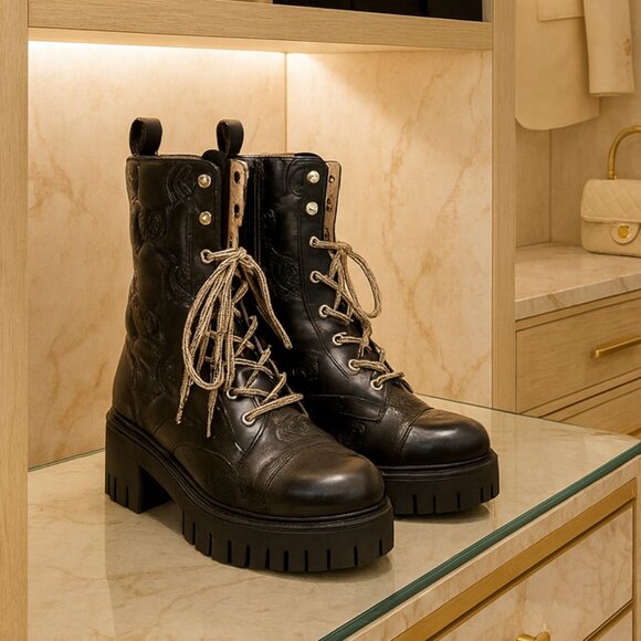Gucci Quilted-Logo Leather Combat Boots - Picture 1 of 8